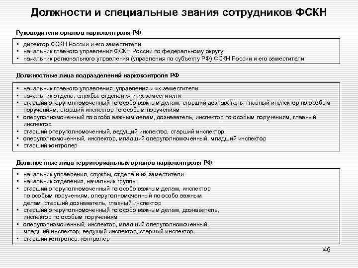 Должности и специальные звания сотрудников ФСКН Руководители органов наркоконтроля РФ • директор ФСКН России