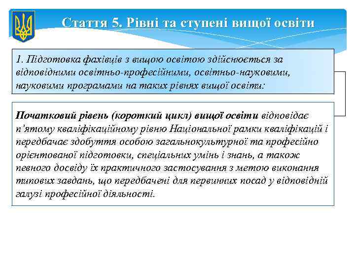 Стаття 5. Рівні та ступені вищої освіти 1. Підготовка фахівців з вищою освітою здійснюється