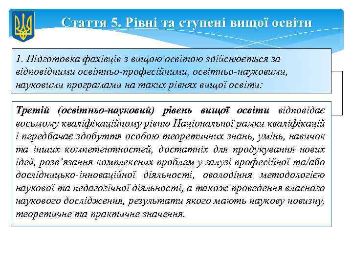 Стаття 5. Рівні та ступені вищої освіти 1. Підготовка фахівців з вищою освітою здійснюється