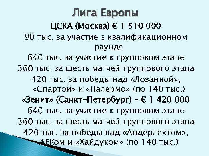 Лига Европы ЦСКА (Москва) € 1 510 000 90 тыс. за участие в квалификационном