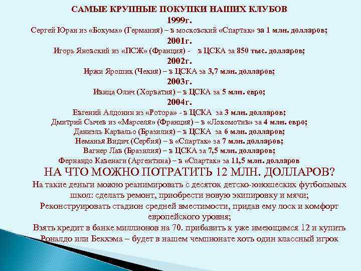 САМЫЕ КРУПНЫЕ ПОКУПКИ НАШИХ КЛУБОВ 1999 г. Сергей Юран из «Бохума» (Германия) – в