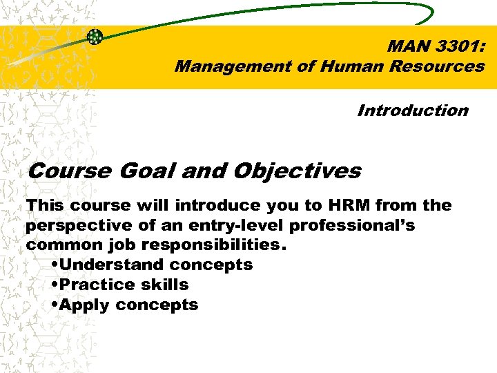 MAN 3301: Management of Human Resources Introduction Course Goal and Objectives This course will