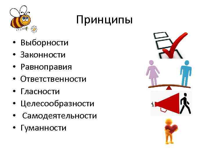 Принципы • • Выборности Законности Равноправия Ответственности Гласности Целесообразности Самодеятельности Гуманности 