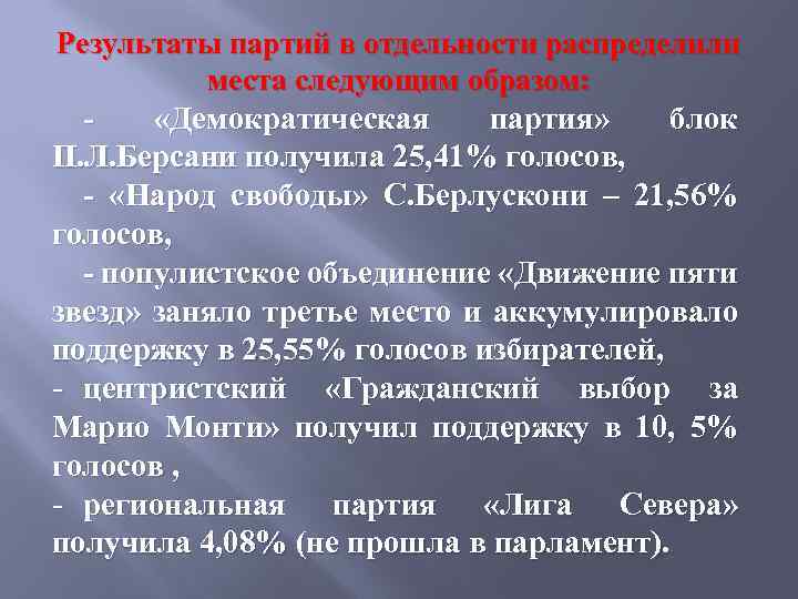 Определите результат партии. Партийная система Италии. Партийные блоки Италии. Избирательная система Италии. Характеристика избирательной системы Италии.