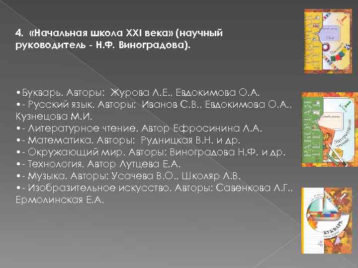 4. «Начальная школа XXI века» (научный руководитель - Н. Ф. Виноградова). • Букварь. Авторы: