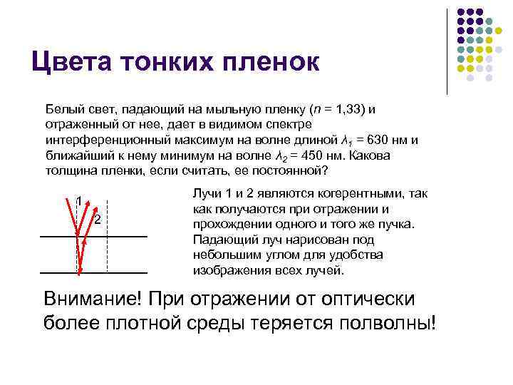 Цвета тонких пленок Белый свет, падающий на мыльную пленку (n = 1, 33) и