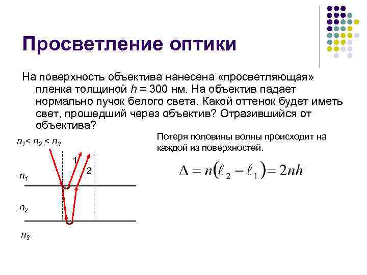 Просветление оптики На поверхность объектива нанесена «просветляющая» пленка толщиной h = 300 нм. На