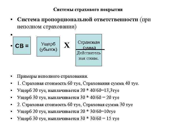 Сумма страховой ответственности. Уровень страхового покрытия формула. Страховое возмещение по пропорциональной ответственности формула. Система покрытия – пропорциональная ответственность.. Система пропорциональной ответственности.