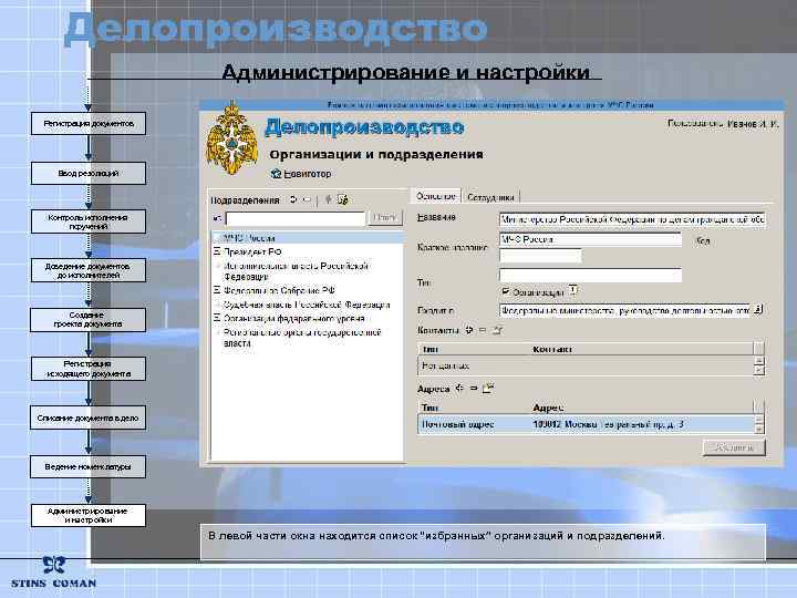 Делопроизводство Администрирование и настройки Регистрация документов Ввод резолюций Контроль исполнения поручений Доведение документов до