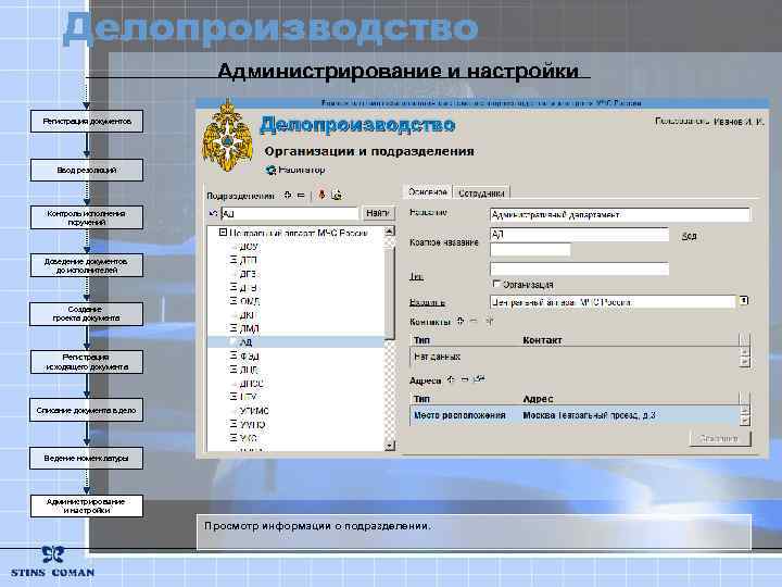 Делопроизводство Администрирование и настройки Регистрация документов Ввод резолюций Контроль исполнения поручений Доведение документов до