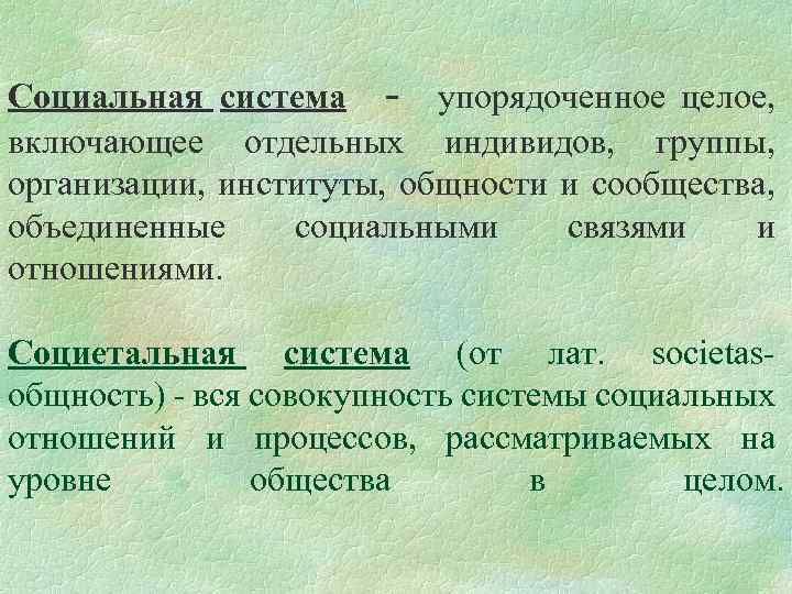 Социальная система - упорядоченное целое, включающее отдельных индивидов, группы, организации, институты, общности и сообщества,