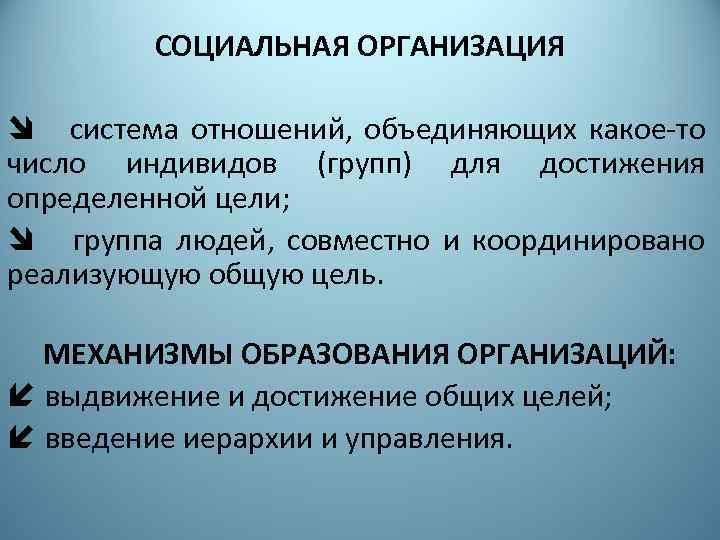 СОЦИАЛЬНАЯ ОРГАНИЗАЦИЯ î система отношений, объединяющих какое-то число индивидов (групп) для достижения определенной цели;
