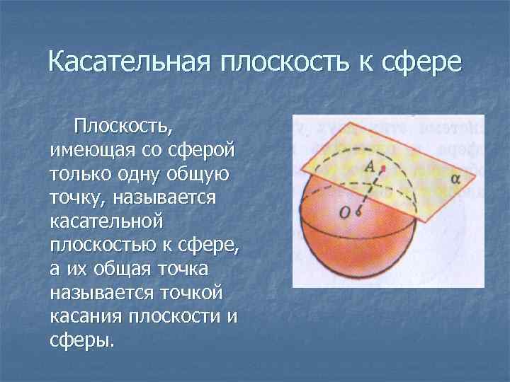 Касательная плоскость к сфере Плоскость, имеющая со сферой только одну общую точку, называется касательной