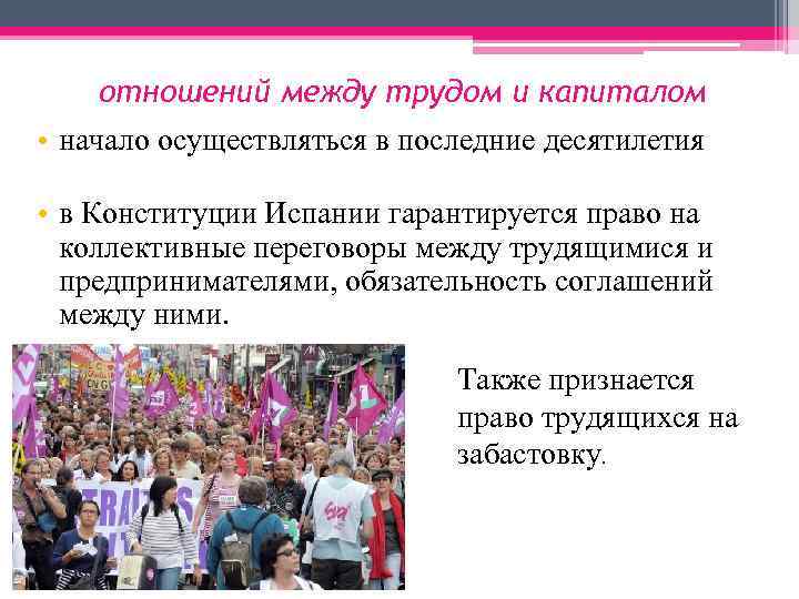 отношений между трудом и капиталом • начало осуществляться в последние десятилетия • в Конституции