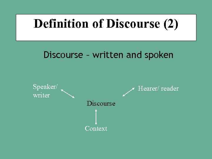 Definition of Discourse (2) Discourse – written and spoken Speaker/ writer Hearer/ reader Discourse