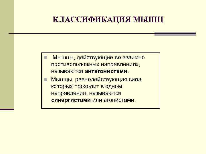 КЛАССИФИКАЦИЯ МЫШЦ Мышцы, действующие во взаимно противоположных направлениях, называются антагонистами. n Мышцы, равнодействующая сила