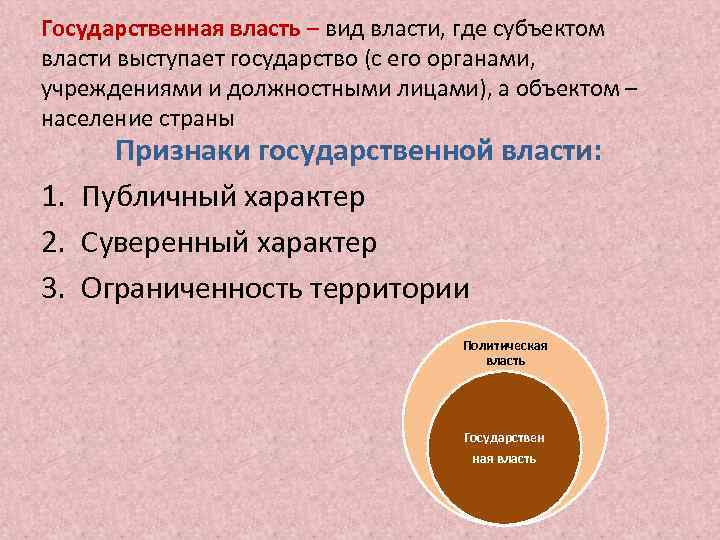 Государственная власть – вид власти, где субъектом власти выступает государство (с его органами, учреждениями