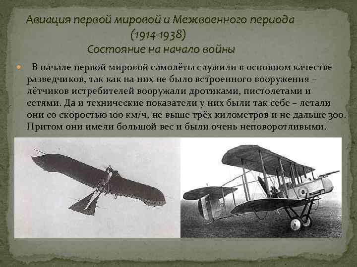 Авиация первой мировой и Межвоенного периода (1914 -1938) Состояние на начало войны В начале