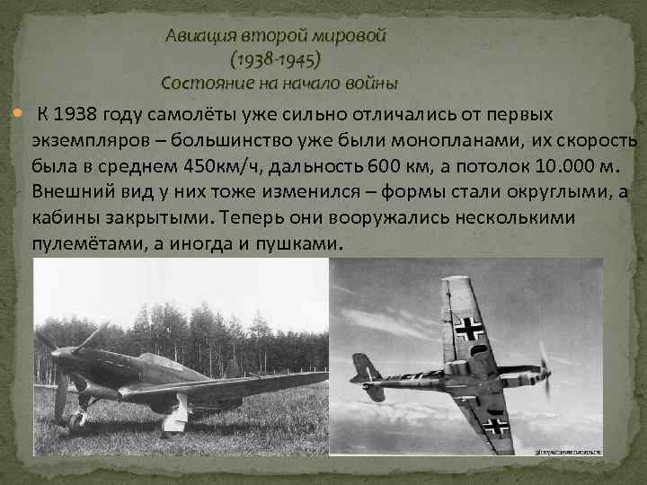 Авиация второй мировой (1938 -1945) Состояние на начало войны К 1938 году самолёты уже