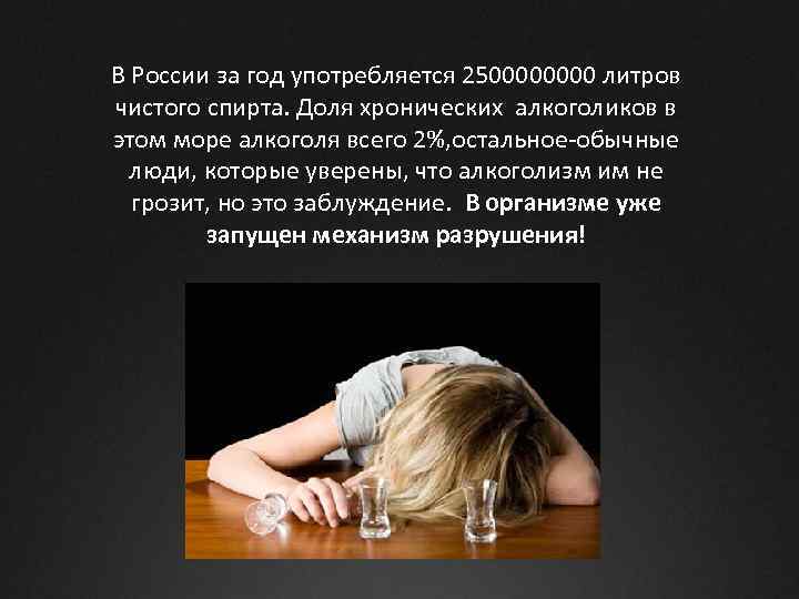 В России за год употребляется 250000 литров чистого спирта. Доля хронических алкоголиков в этом