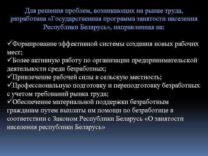 Для решения проблем, возникающих на рынке труда, разработана «Государственная программа занятости населения Республики Беларусь»