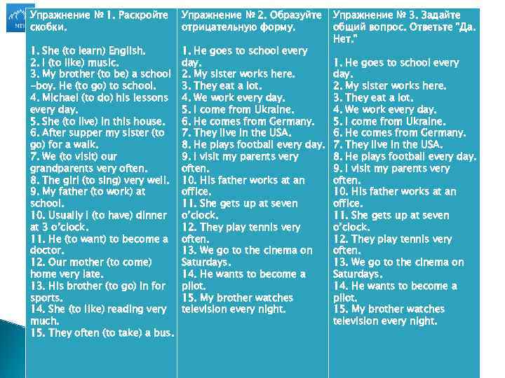 Упражнение № 1. Раскройте скобки. Упражнение № 2. Образуйте отрицательную форму. 1. She (to