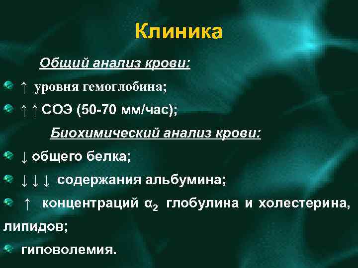 Клиника Общий анализ крови: ↑ уровня гемоглобина; ↑ ↑ СОЭ (50 70 мм/час); Биохимический