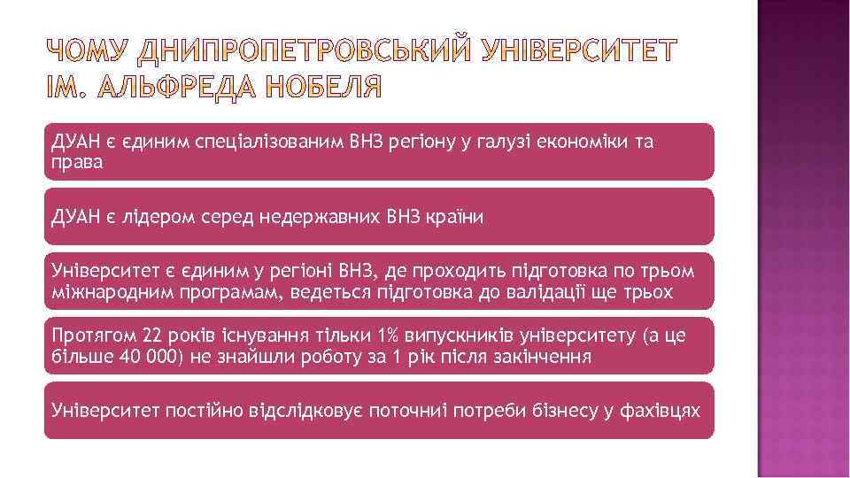 ДУАН є єдиним спеціалізованим ВНЗ регіону у галузі економіки та права ДУАН є лідером