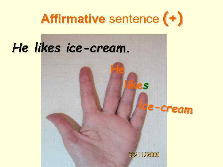 Affirmative sentence (+) He likes ice-cream 