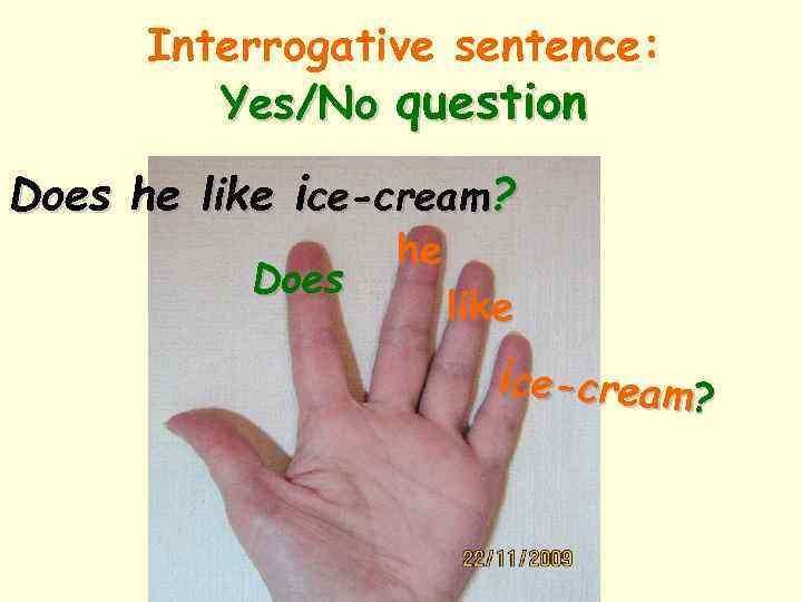 Interrogative sentence: Yes/No question Does he like ice-cream? 