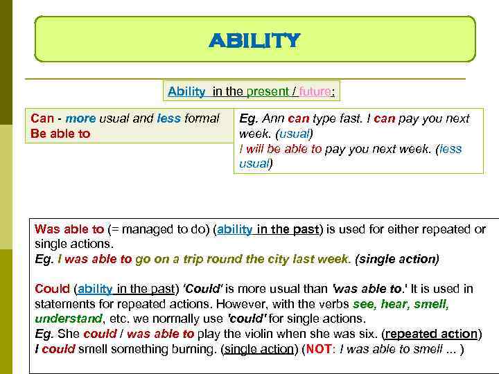 ability Ability in the present / future: Can - more usual and less formal