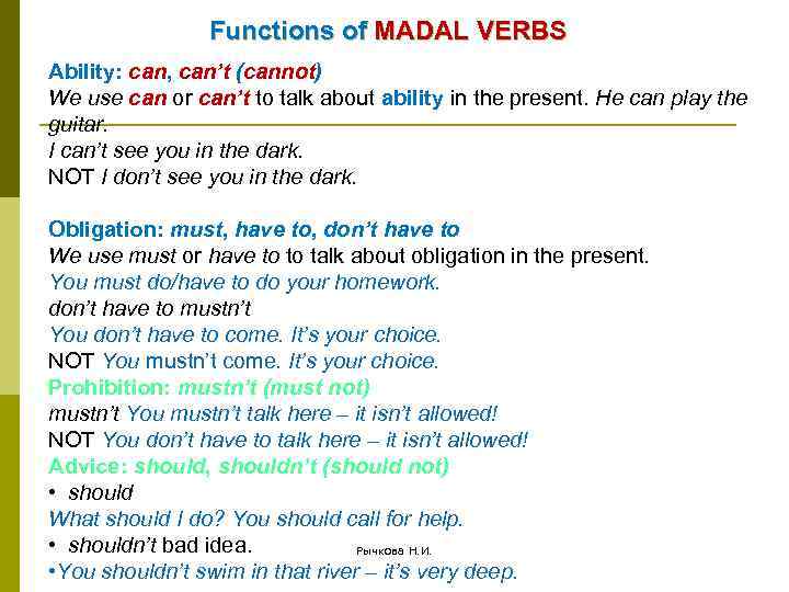 Functions of MADAL VERBS Ability: can, can’t (cannot) We use can or can’t to