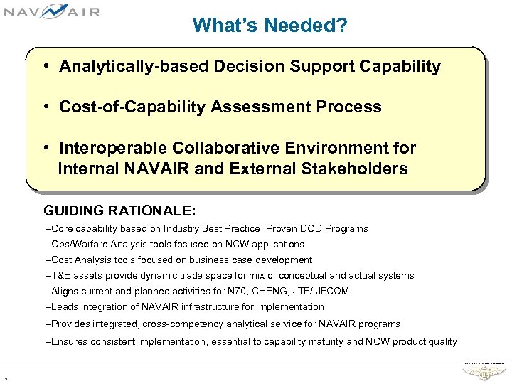 What’s Needed? • Analytically-based Decision Support Capability • Cost-of-Capability Assessment Process • Interoperable Collaborative