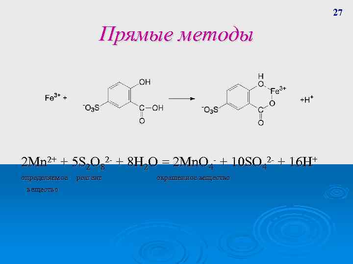 27 Прямые методы 2 Mn 2+ + 5 S 2 O 82 - +