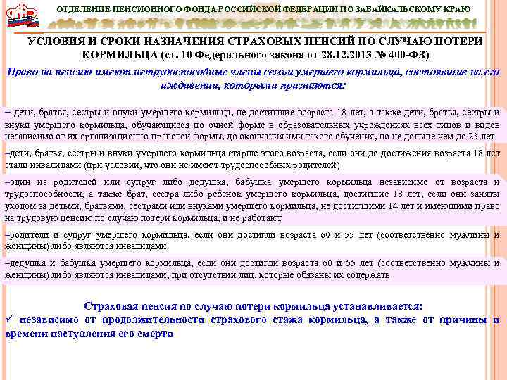 ОТДЕЛЕНИЕ ПЕНСИОННОГО ФОНДА РОССИЙСКОЙ ФЕДЕРАЦИИ ПО ЗАБАЙКАЛЬСКОМУ КРАЮ УСЛОВИЯ И СРОКИ НАЗНАЧЕНИЯ СТРАХОВЫХ ПЕНСИЙ