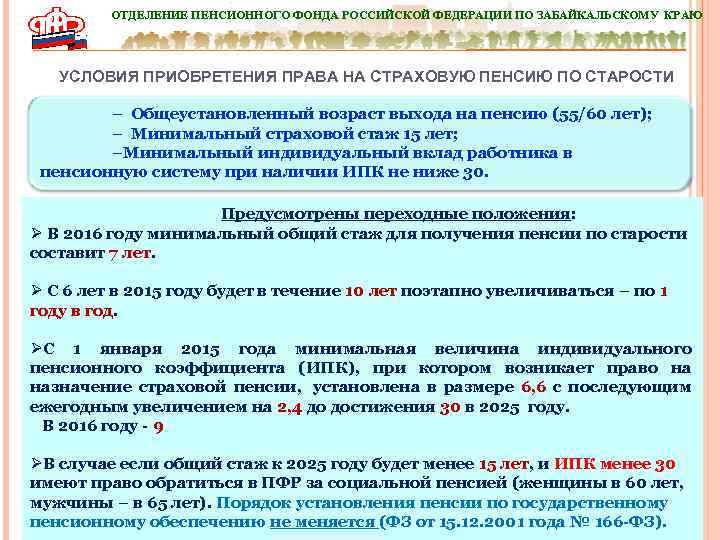 ОТДЕЛЕНИЕ ПЕНСИОННОГО ФОНДА РОССИЙСКОЙ ФЕДЕРАЦИИ ПО ЗАБАЙКАЛЬСКОМУ КРАЮ УСЛОВИЯ ПРИОБРЕТЕНИЯ ПРАВА НА СТРАХОВУЮ ПЕНСИЮ