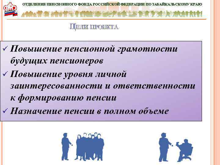 ОТДЕЛЕНИЕ ПЕНСИОННОГО ФОНДА РОССИЙСКОЙ ФЕДЕРАЦИИ ПО ЗАБАЙКАЛЬСКОМУ КРАЮ ЦЕЛИ ПРОЕКТА Повышение пенсионной грамотности будущих