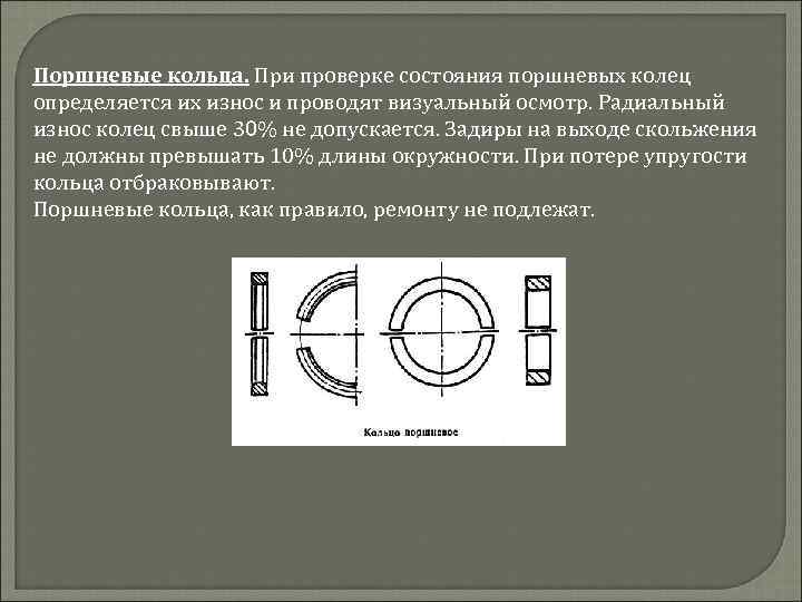 Поршневые кольца. При проверке состояния поршневых колец определяется их износ и проводят визуальный осмотр.