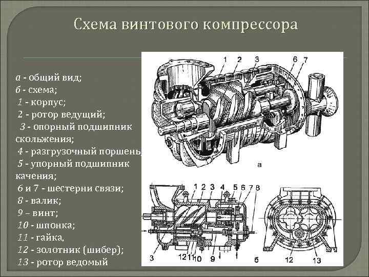 Схема винтового компрессора а общий вид; б - схема; 1 корпус; 2 ротор ведущий;