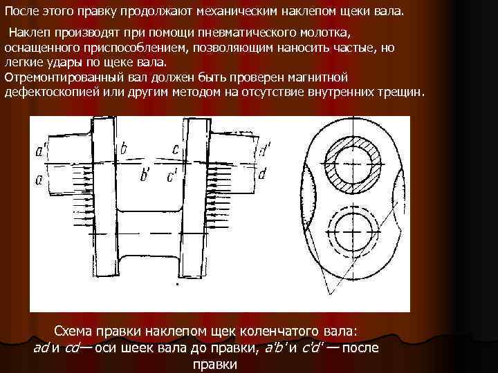 После этого правку продолжают механическим наклепом щеки вала. Наклеп производят при помощи пневматического молотка,