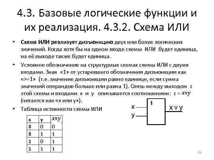 4. 3. Базовые логические функции и их реализация. 4. 3. 2. Схема ИЛИ •