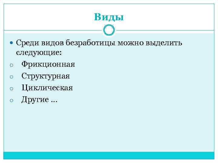 Виды Среди видов безработицы можно выделить следующие: o Фрикционная o Структурная o Циклическая o