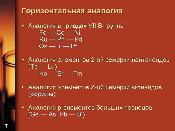 Горизонтальная аналогия • Аналогия в триадах VIIIB-группы Fe — Co — Ni Ru —