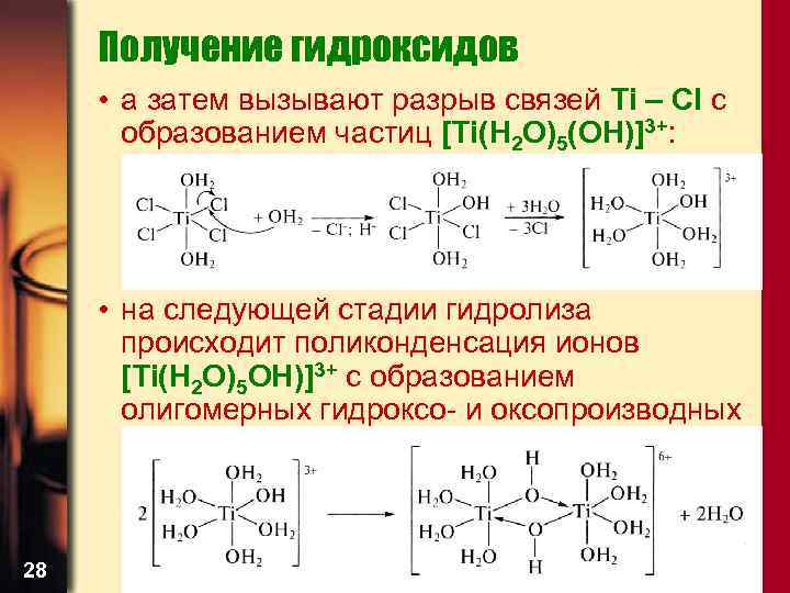 Получение гидроксидов • а затем вызывают разрыв связей Ti – Cl с образованием частиц