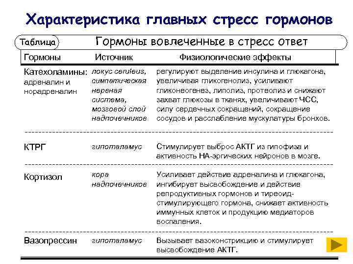 Характеристика главных стресс гормонов Таблица Гормоны вовлеченные в стресс ответ Источник Катехоламины: локус ceruleus,