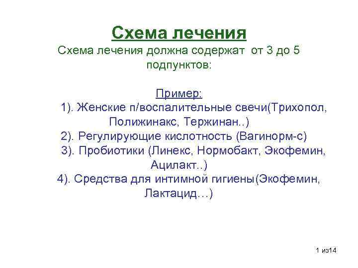 Схема лечения должна содержат от 3 до 5 подпунктов: Пример: 1). Женские п/воспалительные свечи(Трихопол,