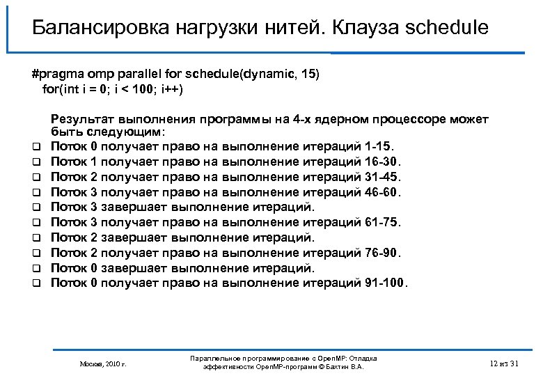 Балансировка нагрузки нитей. Клауза schedule #pragma omp parallel for schedule(dynamic, 15) for(int i =