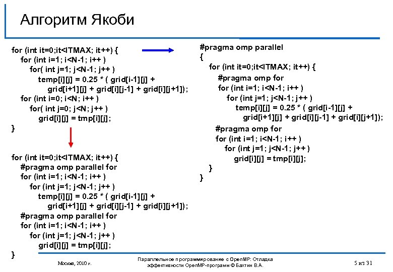 Алгоритм Якоби for (int it=0; it<ITMAX; it++) { for (int i=1; i<N-1; i++ )