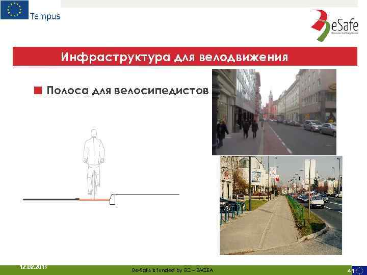 Инфраструктура для велодвижения ■ Полоса для велосипедистов 12. 02. 2018 Be-Safe is funded by