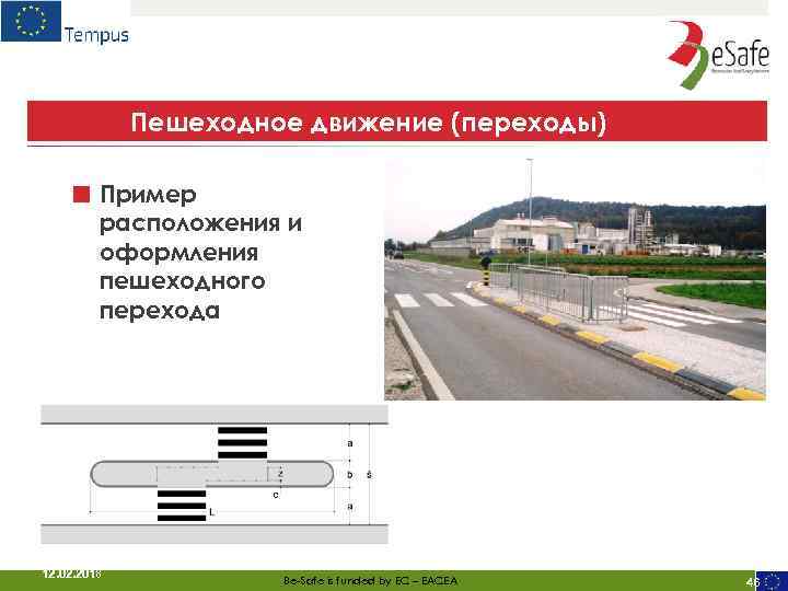 Пешеходное движение (переходы) ■ Пример расположения и оформления пешеходного перехода 12. 02. 2018 Be-Safe